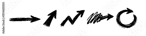Collection of black hand-drawn ink arrows in a sketchy grunge style. Includes straight, zig-zag, and circular icons isolated on white background.
