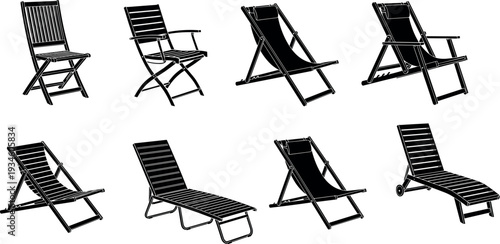 Black Beach Garden Chair Silhouette Collection, Folding Deckchair and Sun Lounger Vector Set