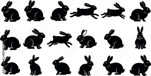 Black and white vector silhouettes of rabbits in various poses including sitting and running, diverse 