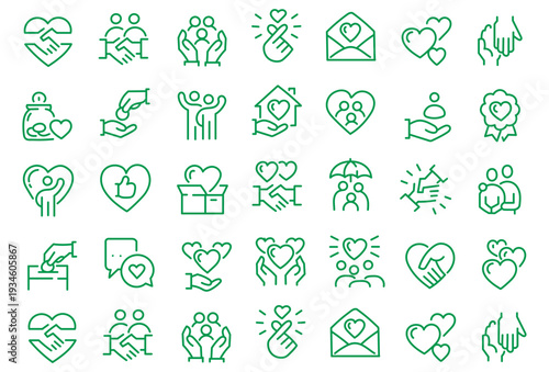 Charity human care outline icons pack. Line signs volunteering and social help, support kindness or friendly relations. Thin vector icons set perfect for web app infographic business social projects