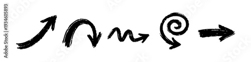Set of five hand-drawn black brush arrows. Grungy textured ink sketch elements including spiral, curved, and wavy designs on white background.