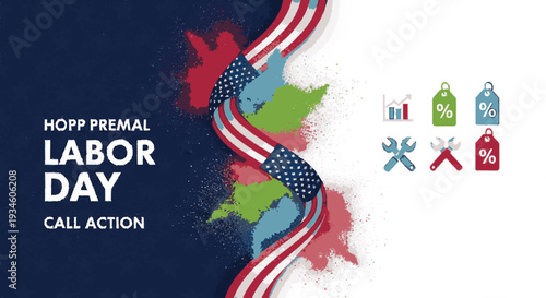 Labor day call action american flag ribbon global map shopping discount symbols