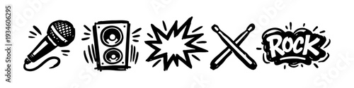 Hand-drawn rock music doodle set featuring a microphone, speaker, drumsticks, and rock typography. Grunge ink illustration isolated on white.