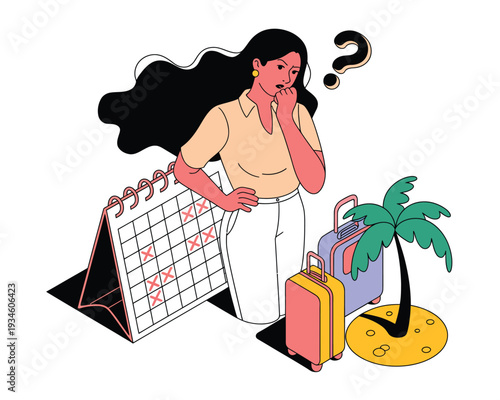 Woman looks confused near luggage, calendar marked with Xs, symbolizing vacation.