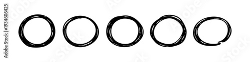 Set of five hand-drawn black sketchy circle frames. Rough ink marker doodle rings for highlighting and design decoration on white background.