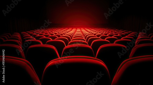 Rows of empty red seats in a dark cinema hall, illuminated by the red light of the screen