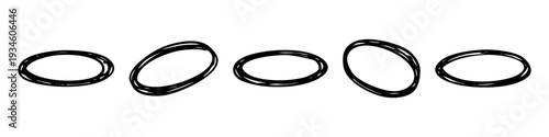 Set of hand-drawn scribble oval frames and circles. Black sketch rings for highlighting and decoration isolated on white background.