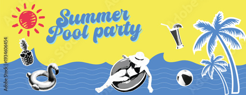 Summer pool party banner Retro vintage pop art collage style summer holiday vacation banner for social media cover with floating woman in sun hat, flamingo, cocktail, palm trees, sea wave background