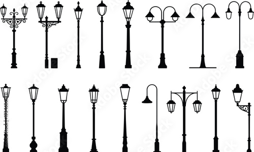 Street lamp silhouette collection, urban lighting design, decorative and modern lamp post variations, architectural outdoor fixtures, cad drawing flat vector illustration