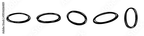 Hand-drawn black oval ring frames in a sequence showing rotation, sketchy vector illustration on a white background.
