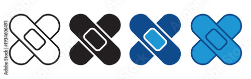 Band Aid Icon Set – Adhesive Bandage and Medical Plaster Vector Illustration. Flat and Outline First Aid Vector Pack.