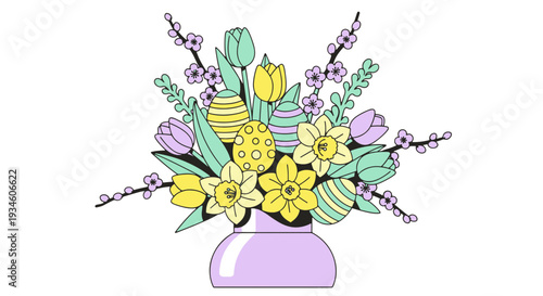 Pastel Easter Celebration Floral Bouquet with Colorful Eggs Daffodils Tulips Branches
