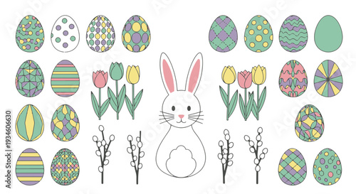 Pastel Easter Eggs Cute White Bunny Blooming Tulips Pussy Willow Branches Spring Festival