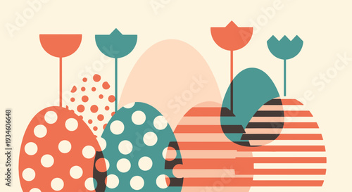 Vibrant Decorated Easter Eggs and Stylized Spring Floral Shapes in a Cheerful Layered Artistic Design