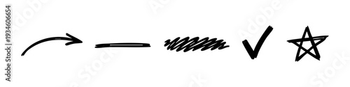 Hand-drawn black ink doodles set including arrow, underline, scribble, checkmark, and star isolated on white background.