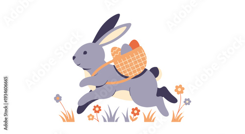 Running Easter Bunny Carrying Eggs in a Woven Basket Through a Field of Colorful Spring Flowers
