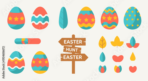 Colorful Easter Eggs Spring Leaves and Holiday Hunt Signpost Arranged in a Collection