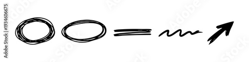 Set of hand-drawn black ink doodles including ovals, scribbled underline, wavy line, and arrow. Vector isolated on white background.