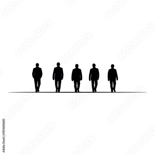 Silhouettes of five business professionals walking in a line.