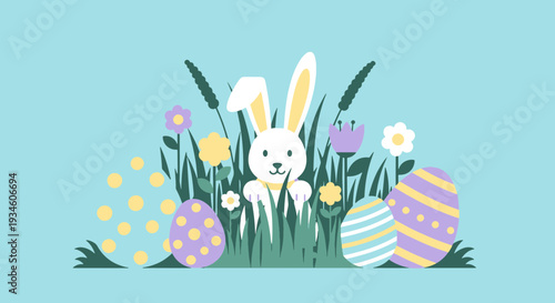 Cute Easter Bunny Hiding in Spring Grass with Colorful Eggs and Flowers Yellow Dots Floating