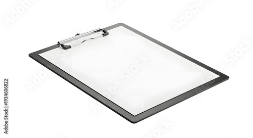 A blank clipboard with a silver clip on a black background for writing or notes