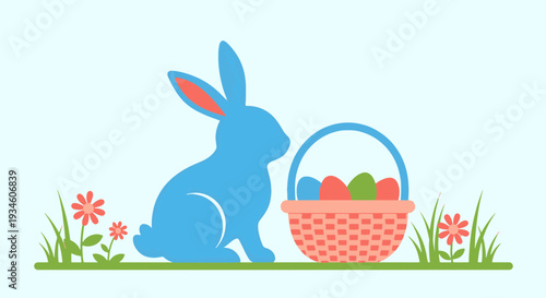Blue Easter Bunny Silhouette Sitting on Green Grass with Colorful Flowers and Eggs in a Picnic Basket