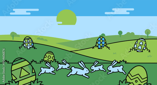 Playful Bunnies Hopping Through Green Hills with Hidden Decorated Easter Eggs Under a Bright Sky