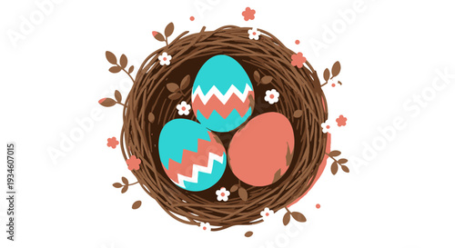 Vibrant Easter Eggs Nestled in a Rustic Birds Nest Adorned with Delicate Spring Blossoms and Leaves