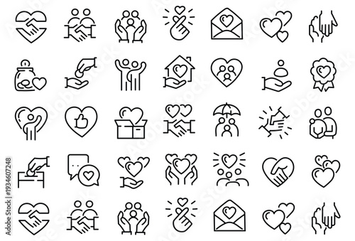 Charity human care outline icons pack. Line signs volunteering and social help, support kindness or friendly relations. Thin vector icons set perfect for web app infographic business social projects