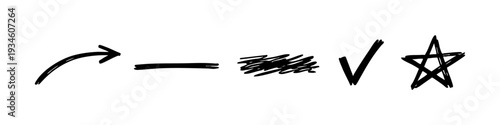 Hand-drawn black ink marker elements including arrow, line, scribble, checkmark, and star isolated on white background.