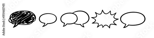 Set of hand-drawn black and white speech bubbles featuring scribbled, oval, and jagged starburst styles for creative communication and comic design.