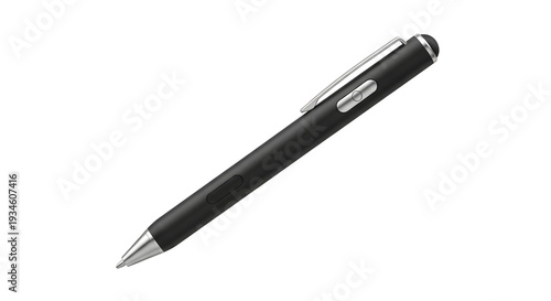 A sleek black pen with silver accents on a solid black background