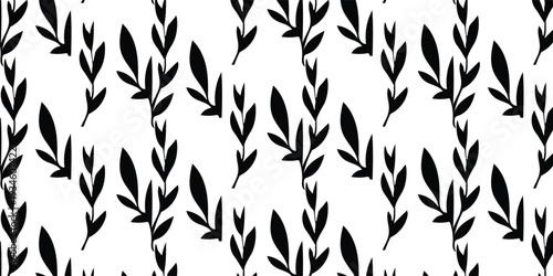 Seamless Minimal Leaf Pattern with Black Botanical Branch Silhouettes on White Background