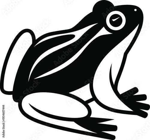 Stylized frog silhouette in bold graphic art, black and white amphibian illustration, minimal design, wildlife concept, artistic animal symbol
