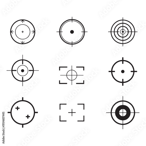 Black and White Target Crosshair Icon Set for Gaming, UI, and Design Projects