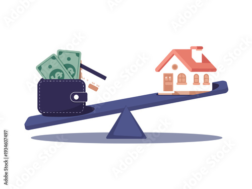 Wallet full of money balances against a small house on a seesaw.