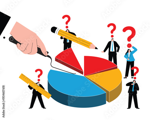 Business people analyze a pie chart while a large hand modifies the segmented data.