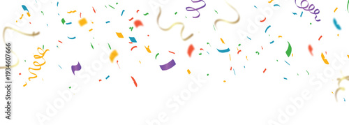 Colorful confetti and streamers on white background
