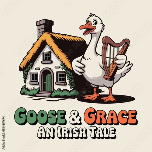 A whimsical goose plays the harp beside a quaint thatched roof cottage