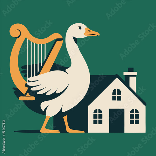 A swan with a harp stands before a quaint simplified house