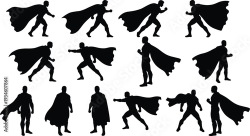 Superhero action silhouettes, dynamic hero poses with cape, comic character vector illustration for design and animation projects