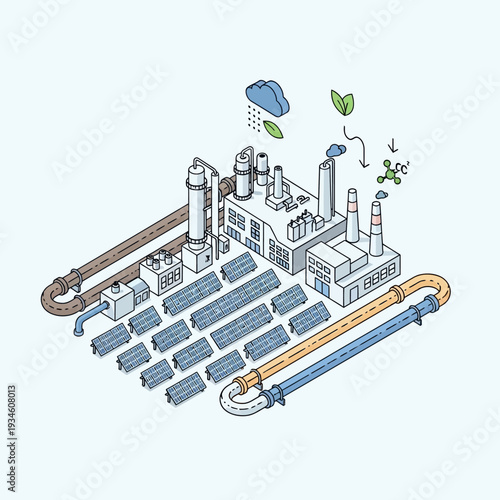 Isometric illustration of a modern factory complex powered by solar energy, with pipes and environmental elements.