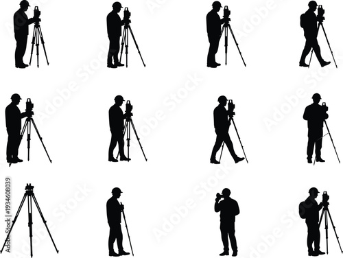 Surveyor silhouette icons with tripod, land measurement poses, geodetic equipment set, black vector illustration, cad drawing flat vector illustration