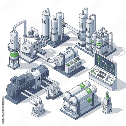Isometric illustration of a modern hydrogen production and storage facility, showcasing advanced industrial equipment and control systems.