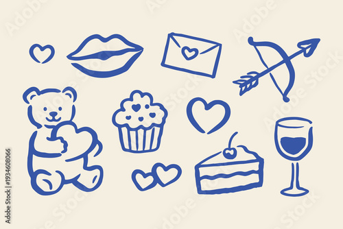 Valentine doodle icons with teddy bear and hearts vector illustration