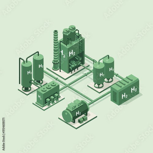 Isometric illustration of a green hydrogen production facility, showcasing various interconnected components for energy generation and storage.