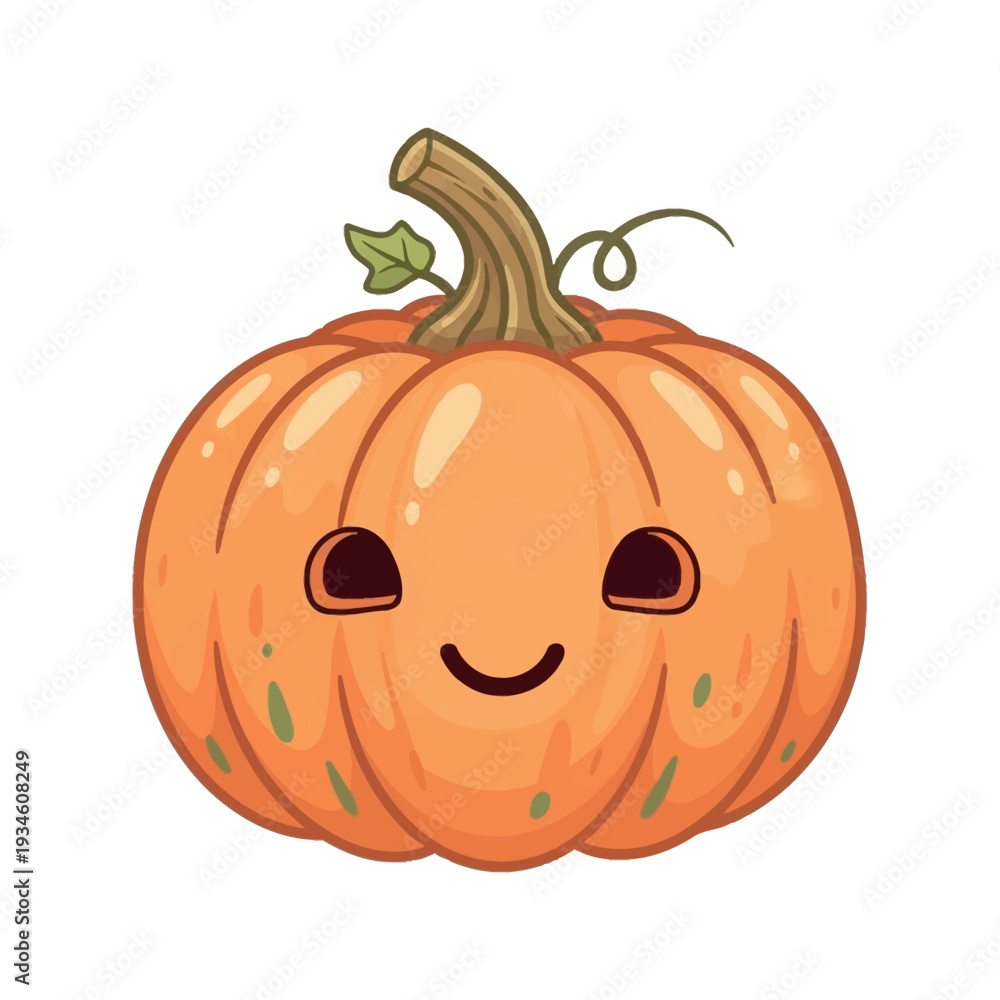 Obraz premium A cartoon pumpkin with a smiling face and green stem.