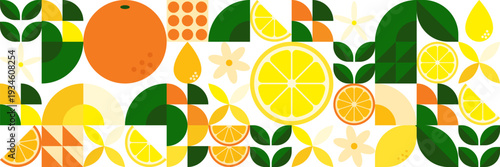 Modern Bauhaus geometric pattern with oranges and lemons, abstract citrus fruit slices and leaves, colorful vector banner background