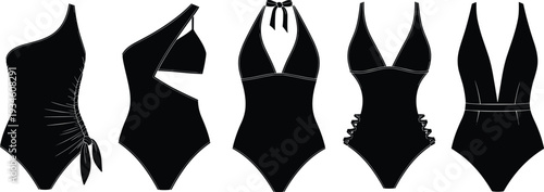 swimsuit, fashion, silhouette, vector, black, illustration, one-piece, stylish, design, female, cad, drawing, summer, swimwear, elegant