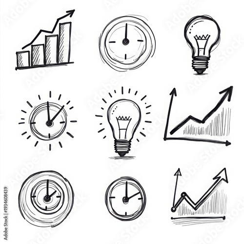 Hand drawn doodle set of business growth charts clock time management and light bulb idea symbols